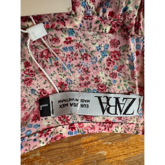 Zara Red White Blue Floral Tiered Mini Dress Puff Sleeve Button Front Size - Picture 9 of 10